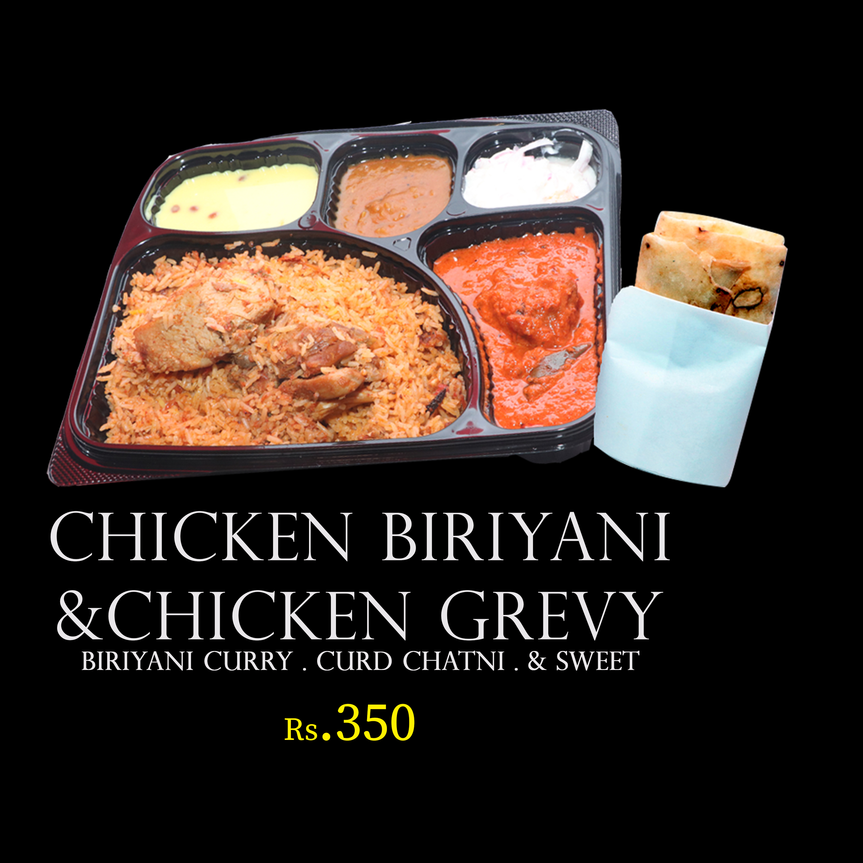 Premium Chicken Biriyani and Chicken Gravy Combo with Paratha, Curry, Curd Chatni, and Sweet BTM Layout