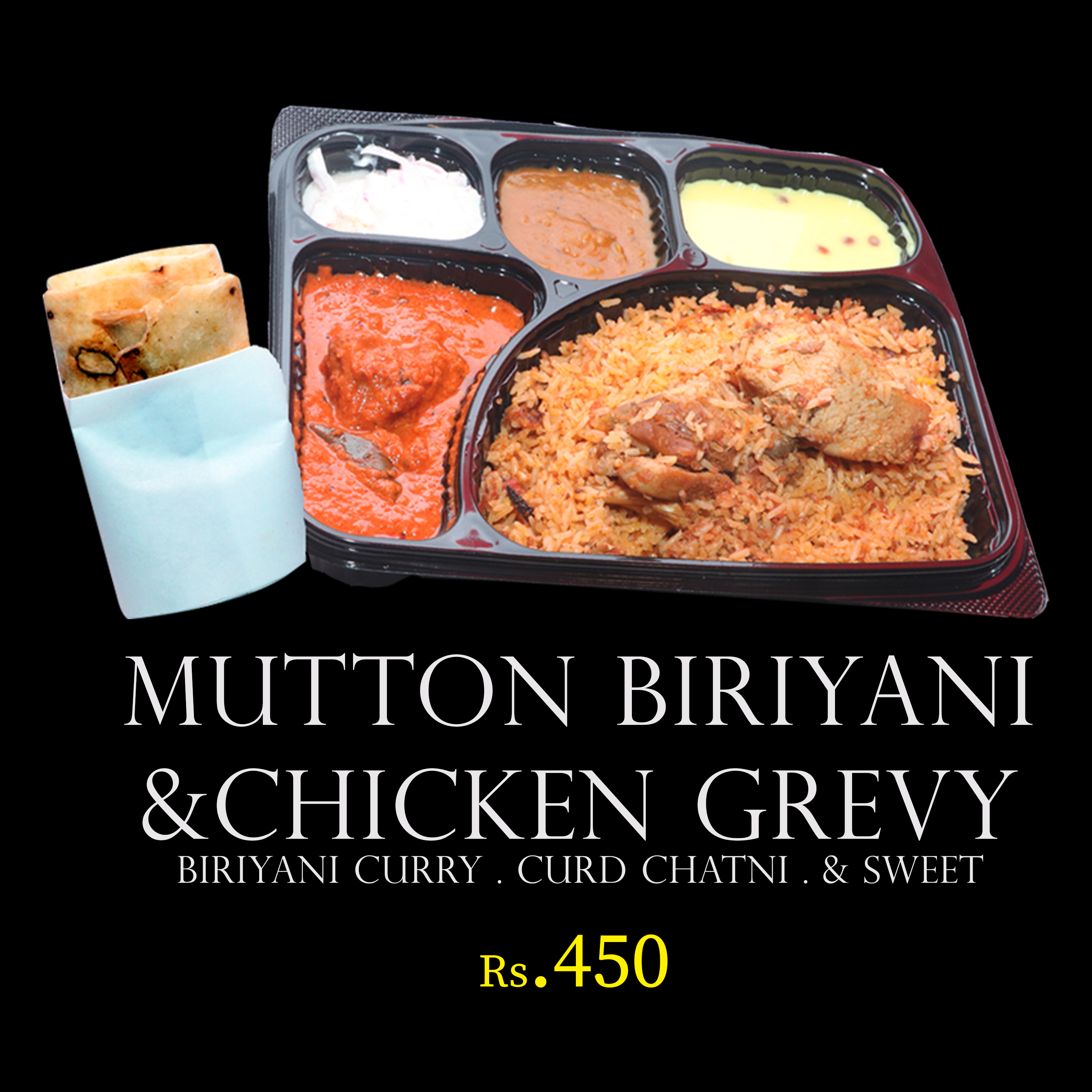 Premium Mutton Biriyani and Chicken Gravy Combo with Paratha, Curry, Curd Chatni, and Sweet BTM Layout