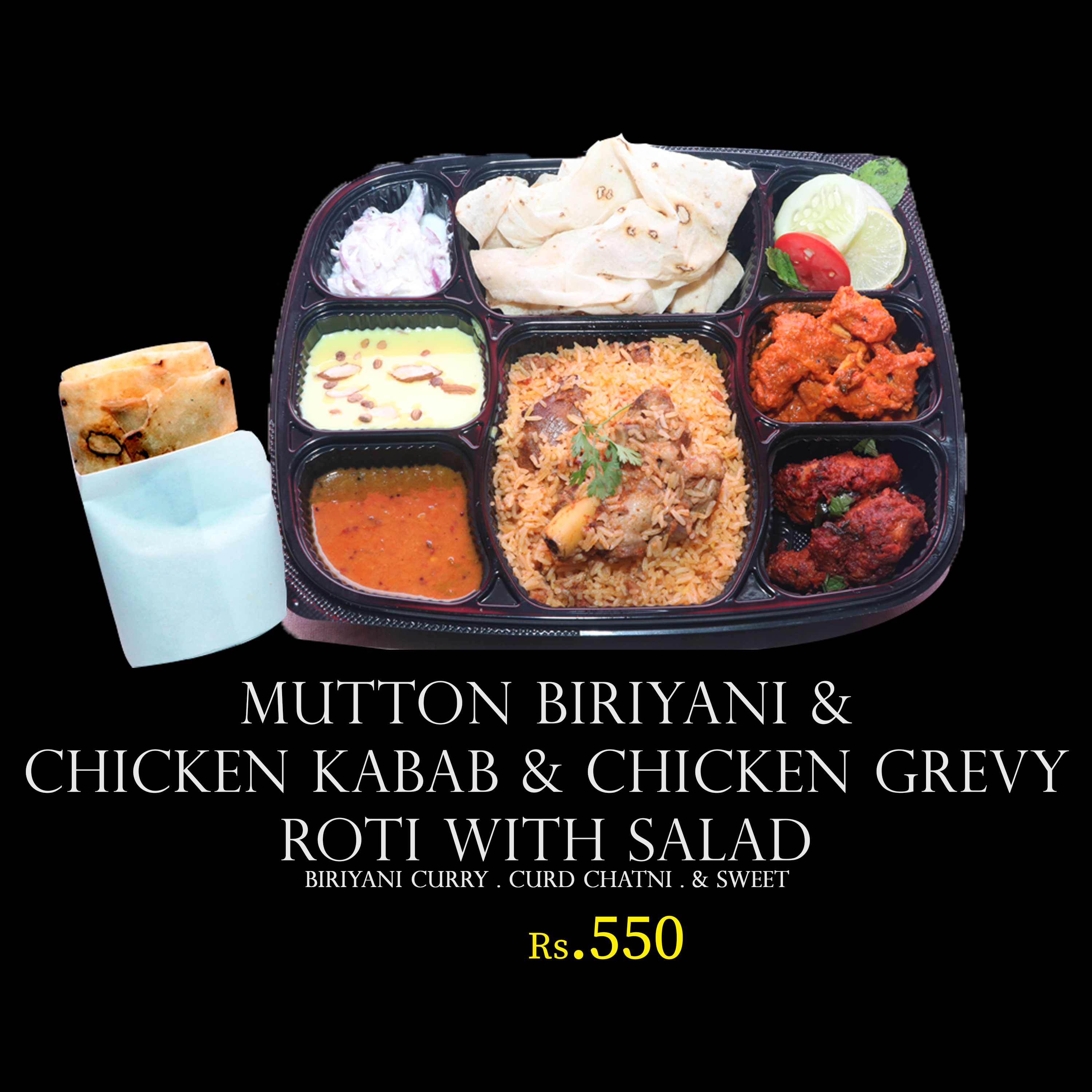 The Ultimate Feast Mutton Biriyani, Kabab, Gravy, Roti, and Salad Combo BTM Layout