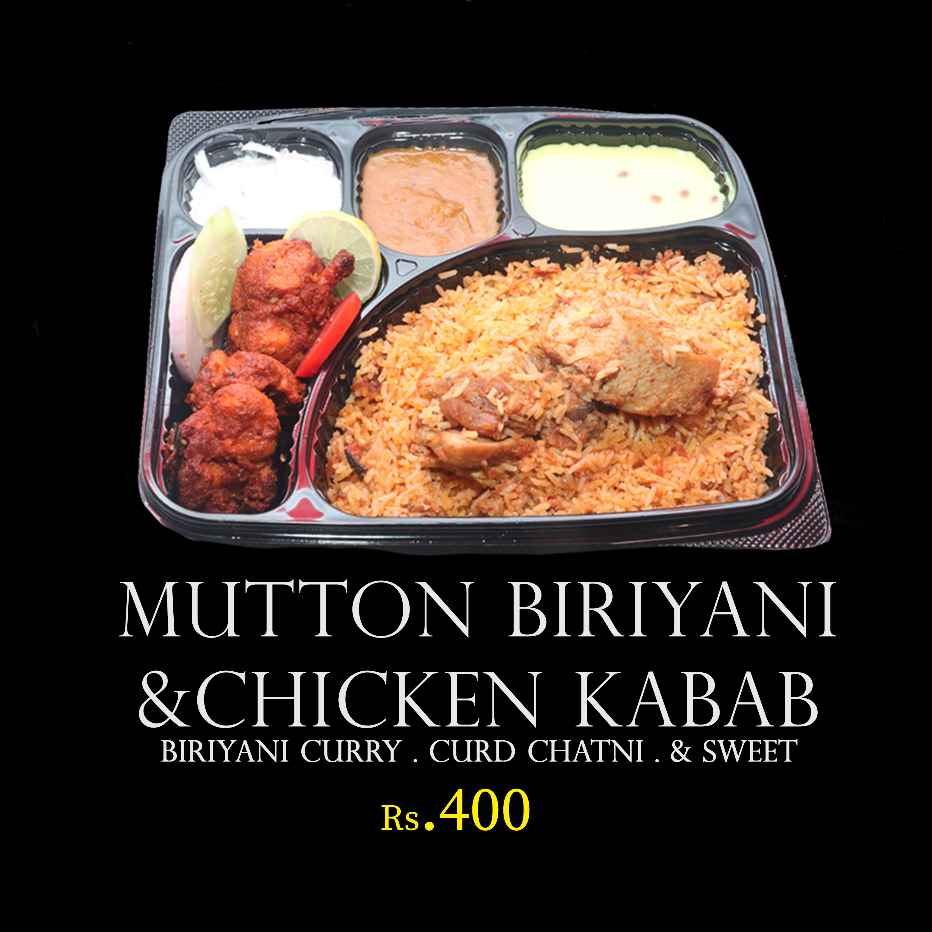 Premium Mutton Biriyani and Chicken Kabab Combo with Curry, Curd Chatni, and Sweet BTM Layout